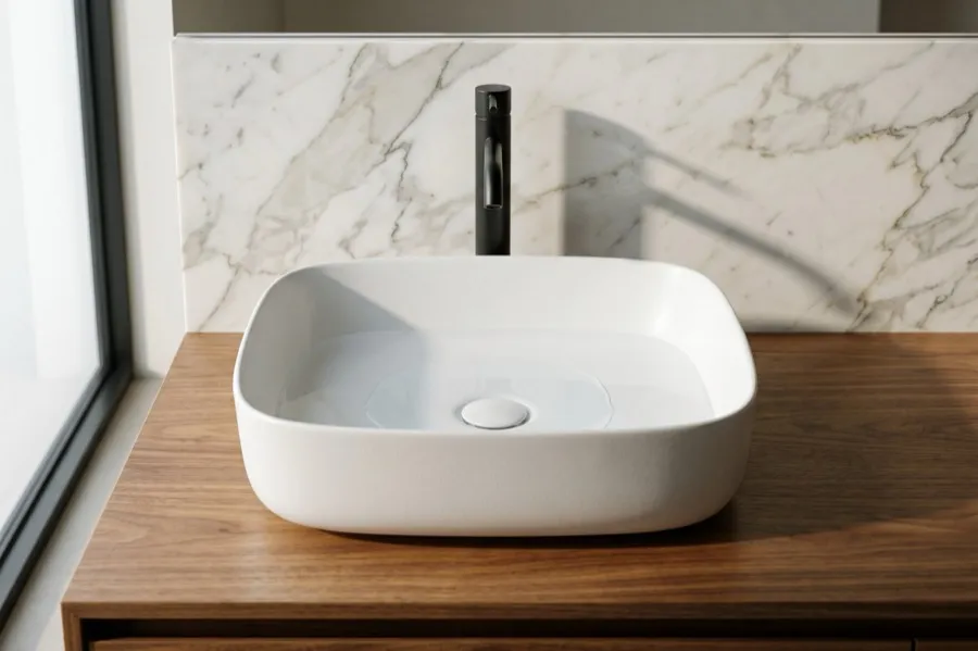 White ceramic vessel basin with a matte black faucet on a walnut vanity