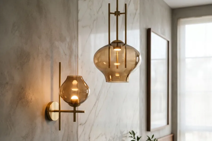 Amber glass pendant and wall sconce in brass over a marble surface
