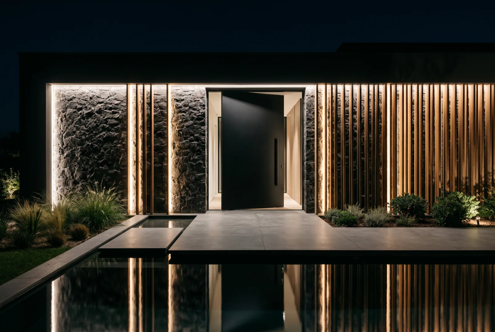 Modern villa entrance at night with stone walls, lit wooden slats and a reflecting pool