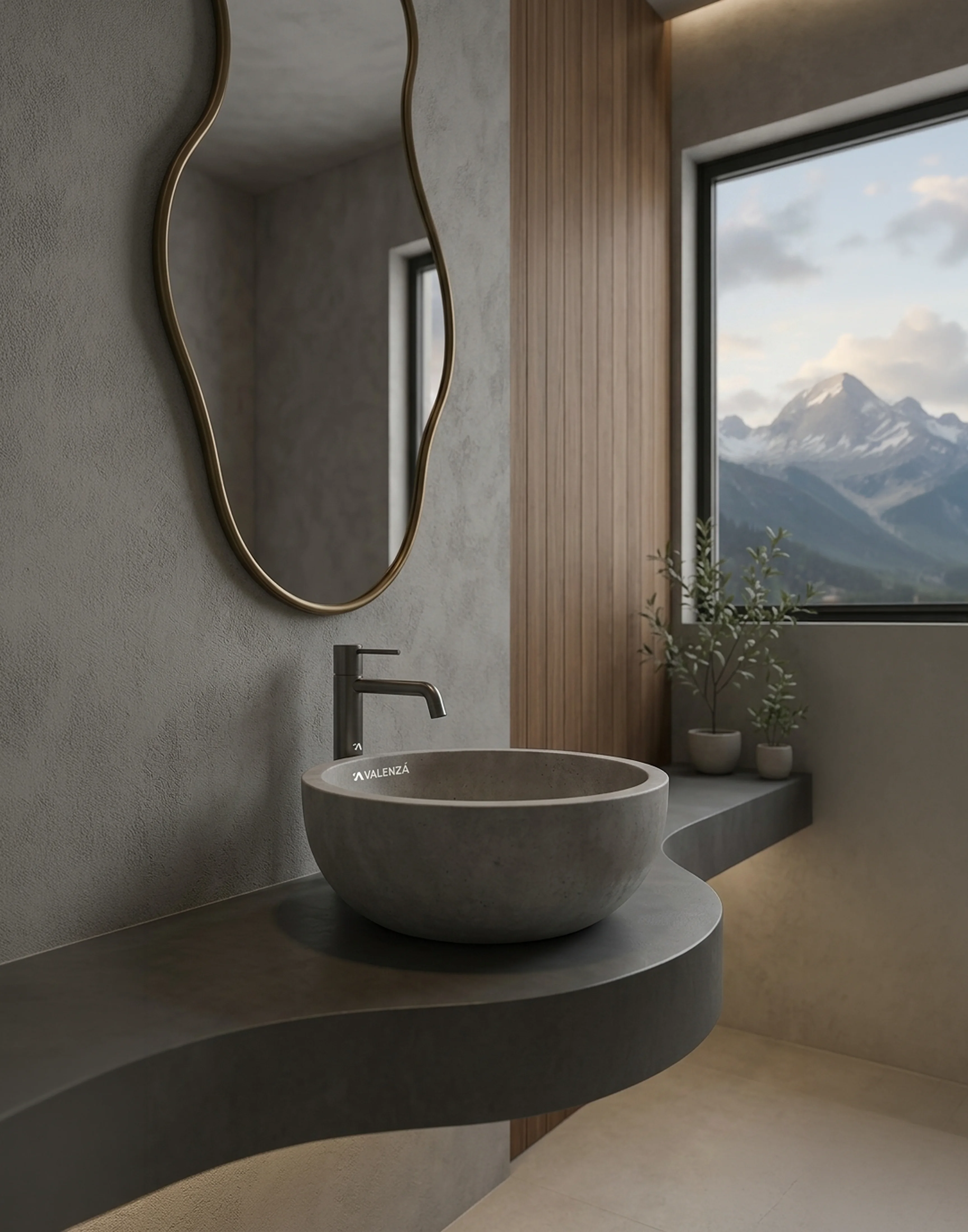 Luxury bathroom with curved vanity, stone vessel sink, and mountain view