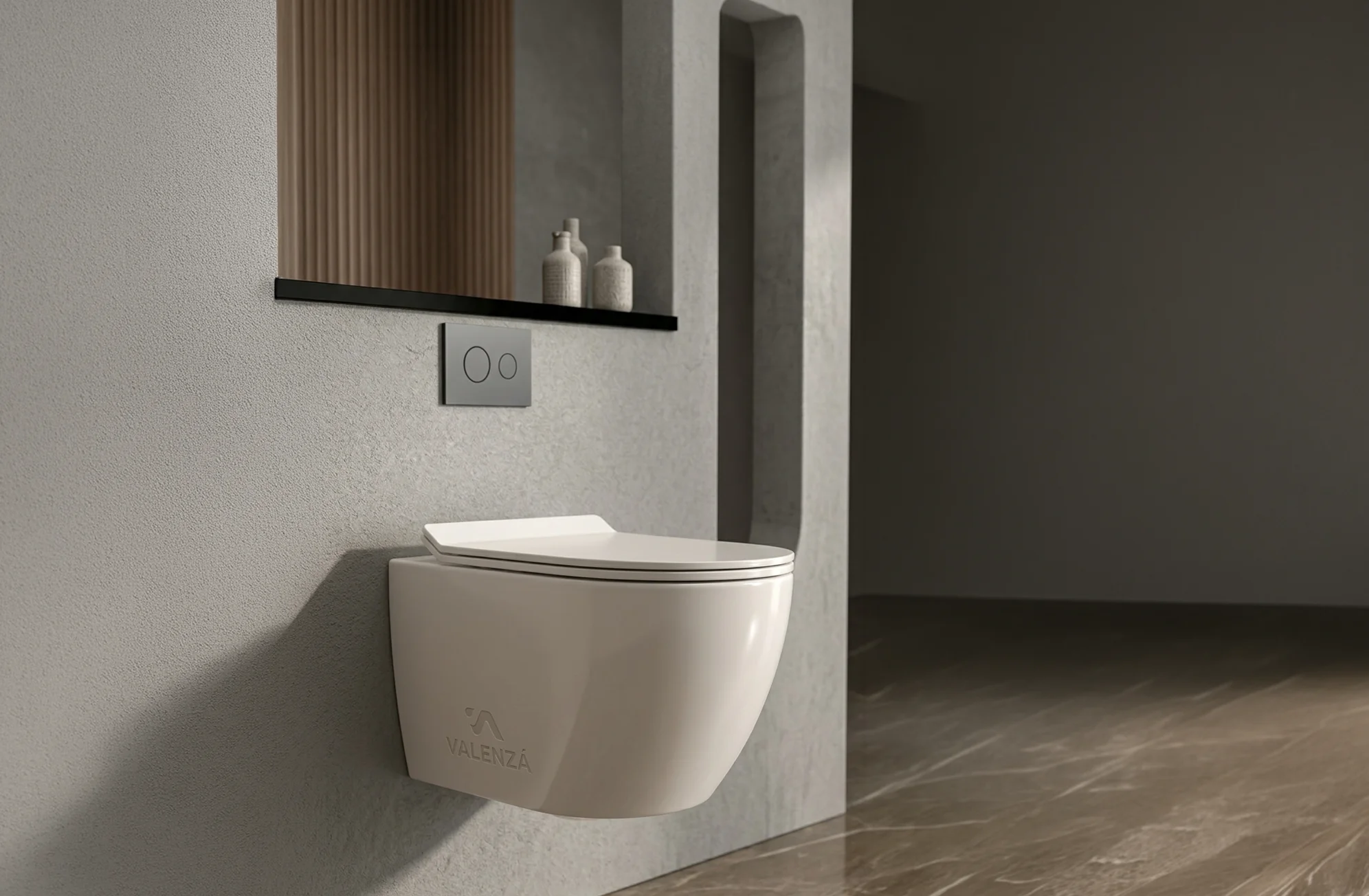 Wall-mounted white toilet in a minimalist bathroom