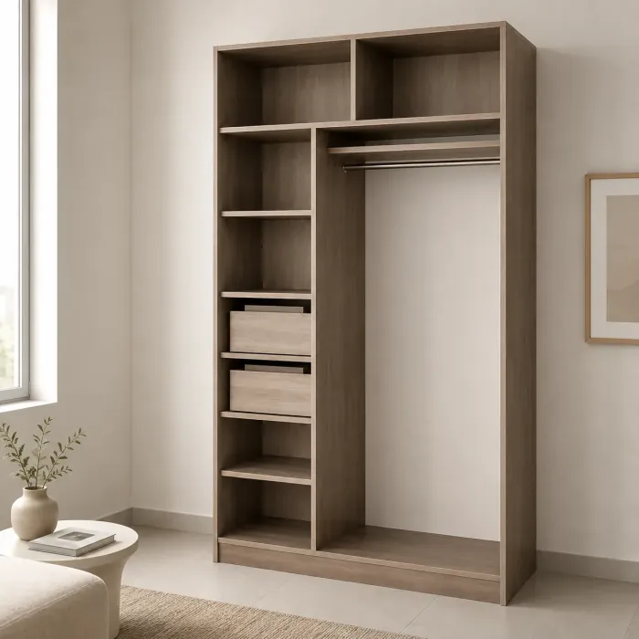 Open oak wardrobe with tower shelving, drawers and a hanging rail in a sunlit room