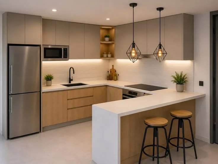 Modern luxury kitchen with wood cabinetry and stone countertop