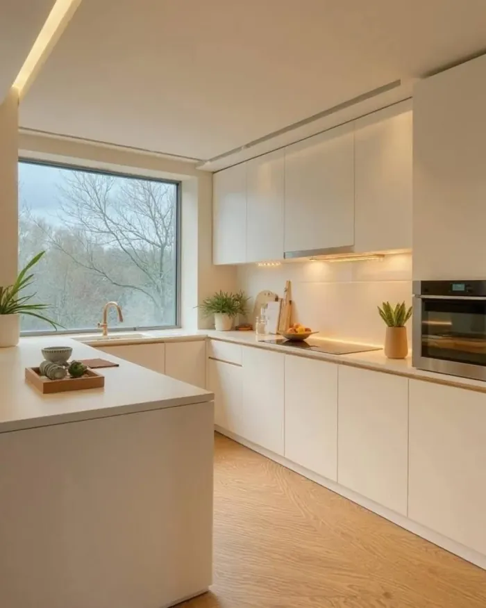 Italian kitchen in pale tones with integrated lighting