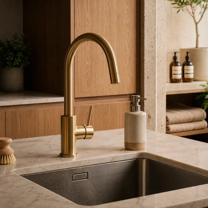 Undermount stainless steel kitchen sink in a beige stone worktop with a brushed brass gooseneck mixer