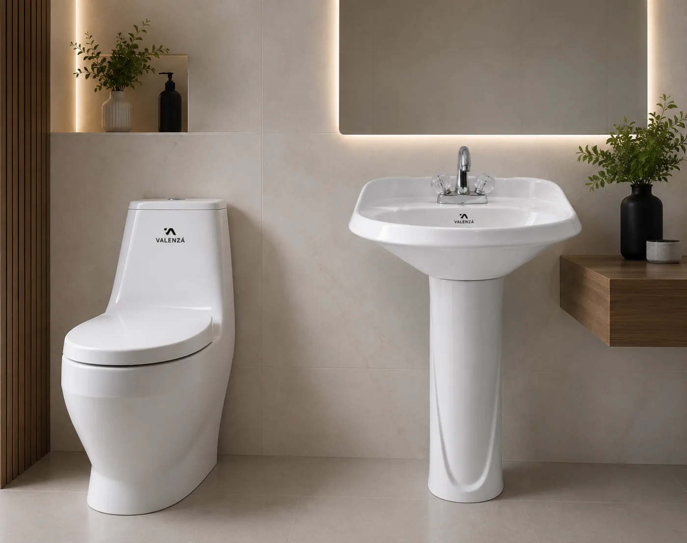 One-piece toilet and pedestal basin set in white ceramic