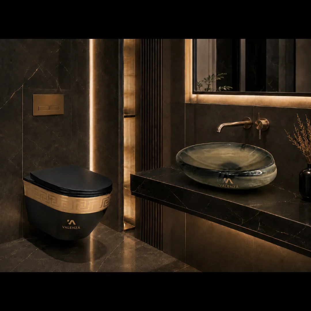 Matte black wall-hung toilet with a gold Greek key band and an onyx vessel basin