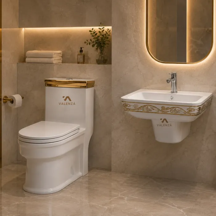 Toilet and wall-hung basin set with gold trim and ornamental banding