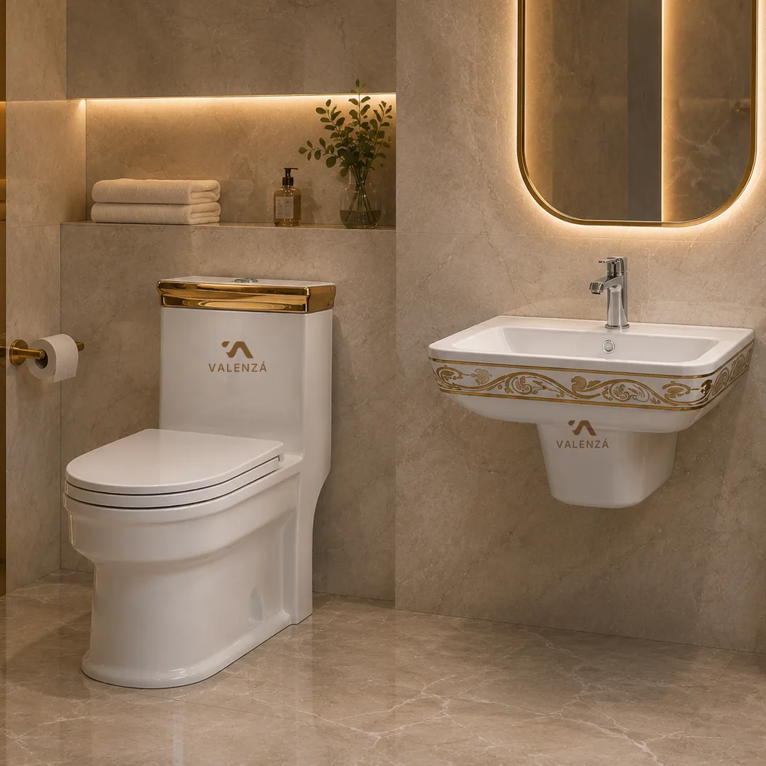 Toilet and wall-hung basin set with gold trim and ornamental banding