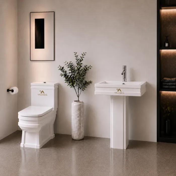Classic toilet and rectangular pedestal basin set in white ceramic