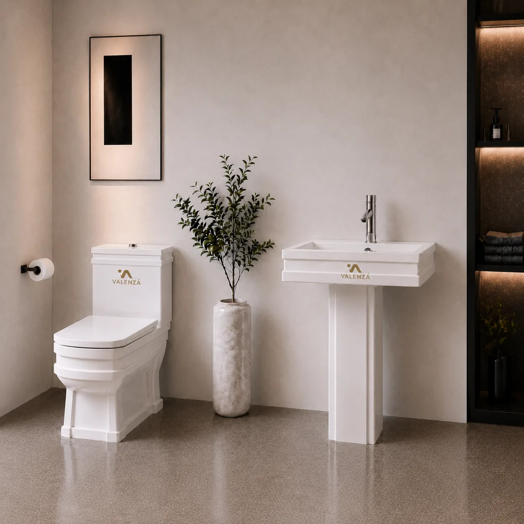 Classic toilet and rectangular pedestal basin set in white ceramic