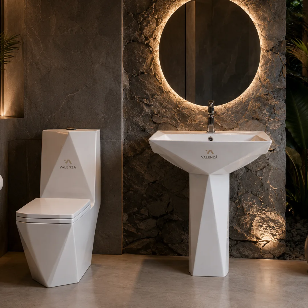 Faceted toilet and matching pedestal basin set in white ceramic