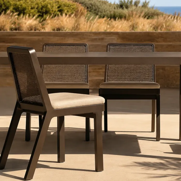 Outdoor dining table with bronze frame chairs, woven cane backs and linen seats on a terrace