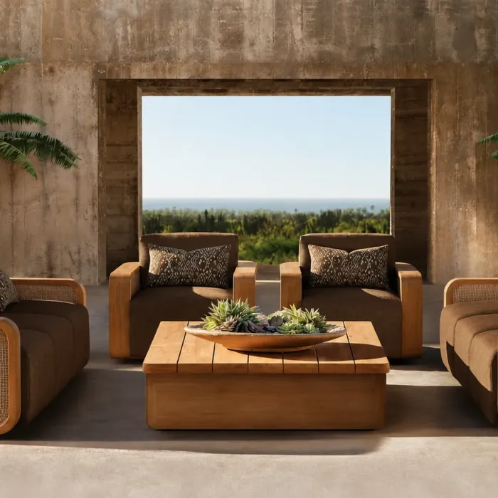 Outdoor set of woven cane and teak sofas with brown cushions against a concrete wall