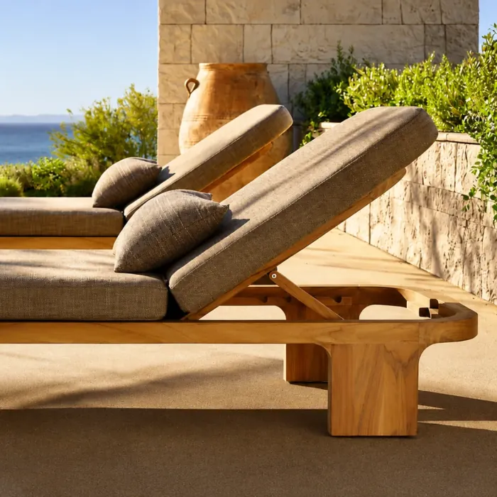 Teak sun lounger with a reclining backrest and linen cushions on a terrace above the sea