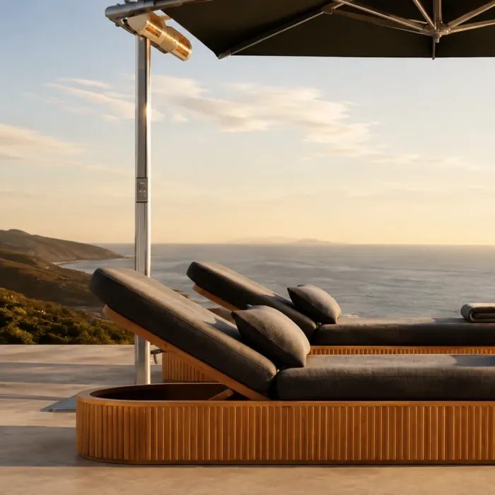 Double sun lounger in slatted teak with charcoal cushions under a parasol at sunset over the sea