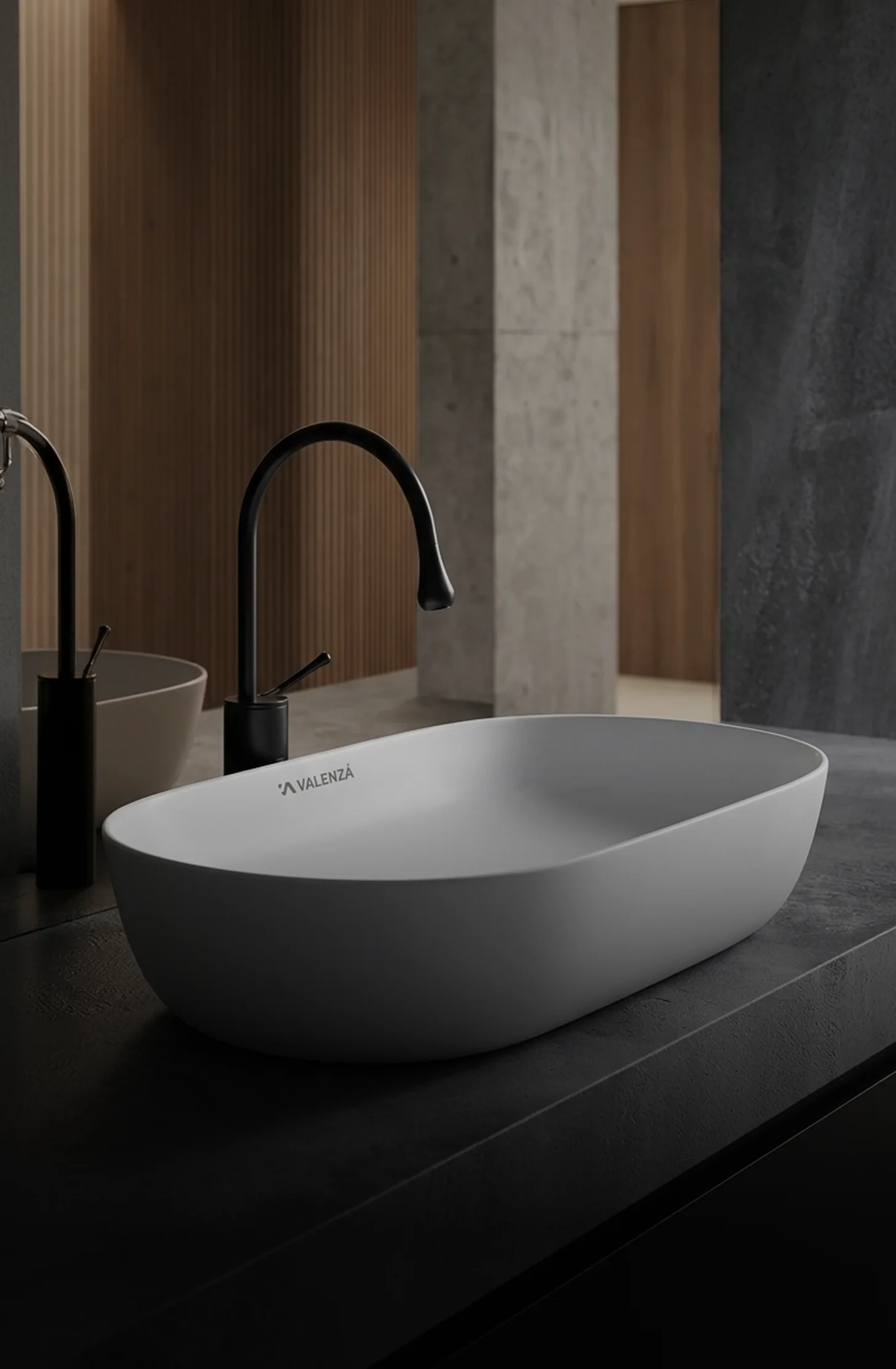 Marble vessel basin on a vanity countertop