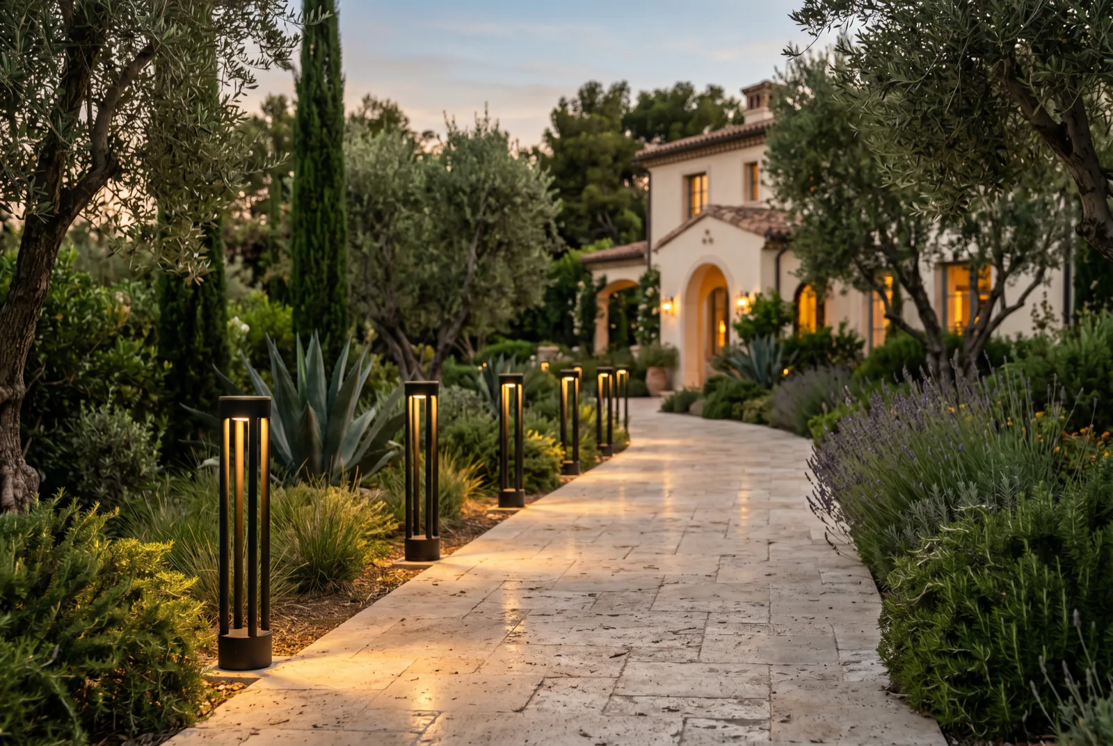 Garden path with bollard lights leading to an Italian villa at dusk