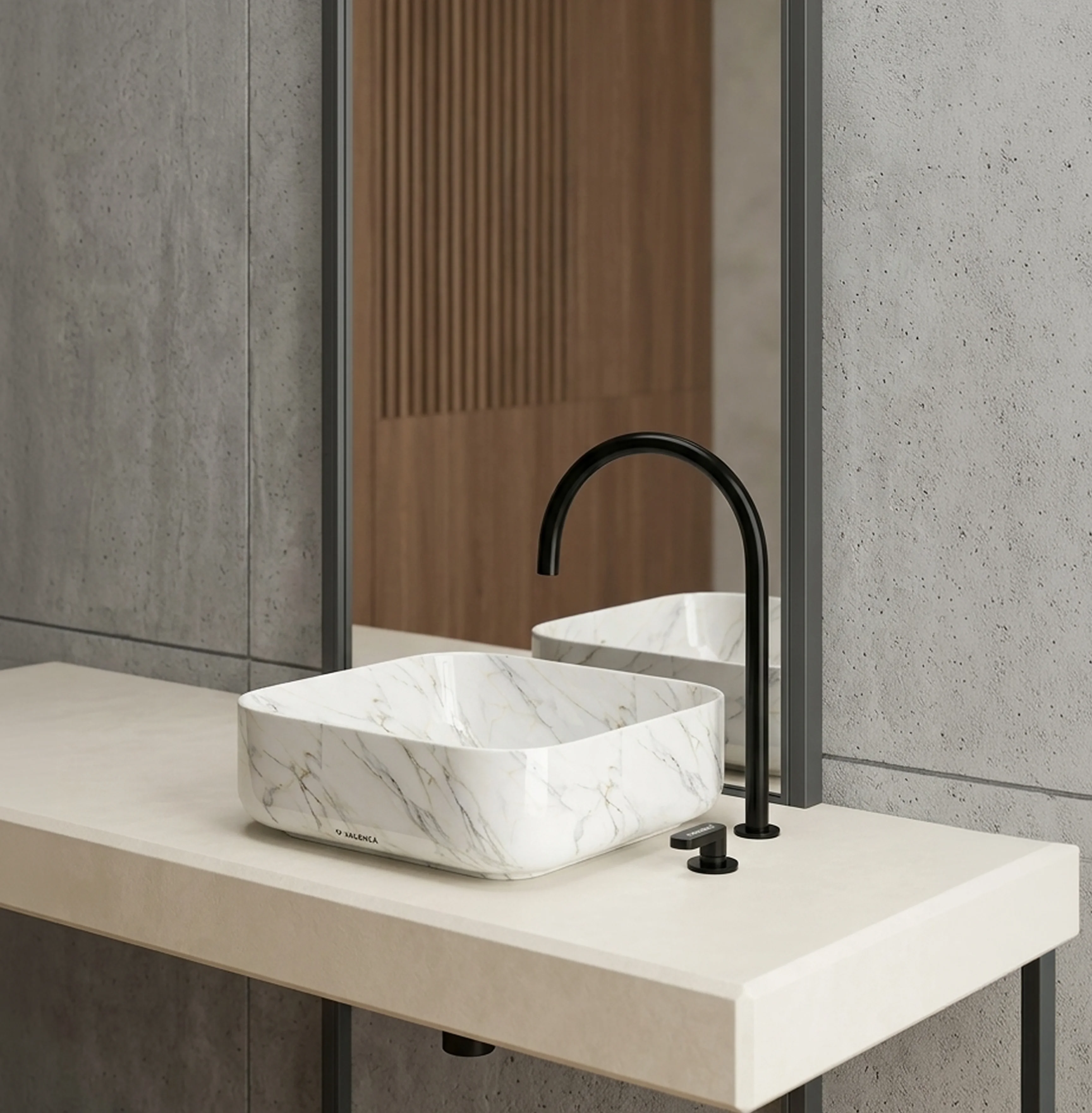 Marble-patterned vessel sink on light countertop with black faucet