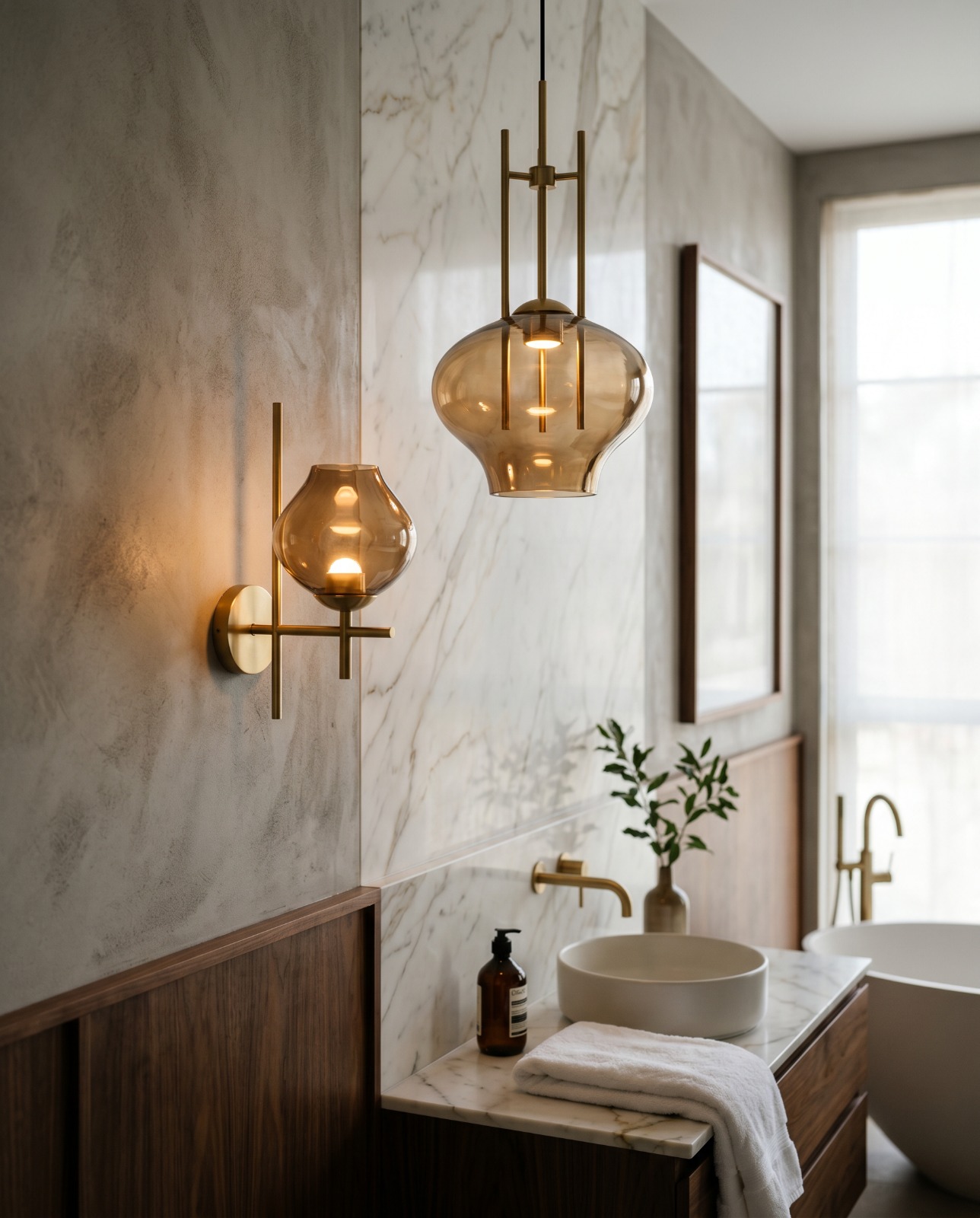 Brass pendant lighting over a marble vanity