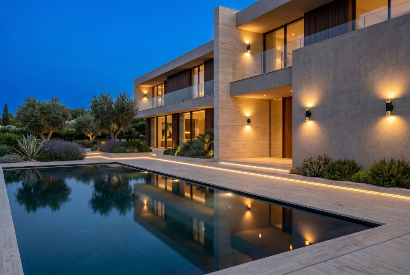 Outdoor wall lighting on a modern villa facade at dusk