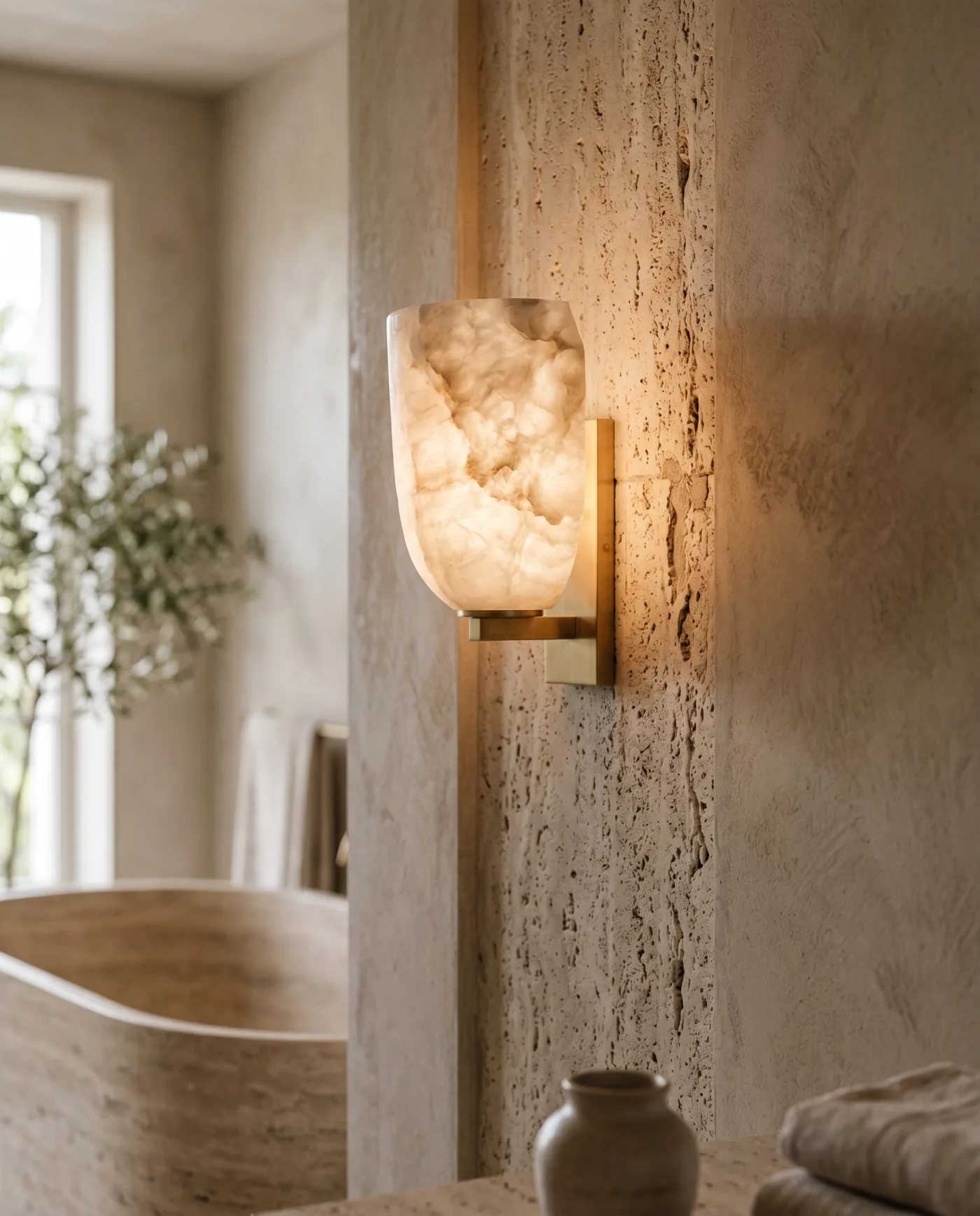 Alabaster wall sconce with a brass bracket on a travertine wall