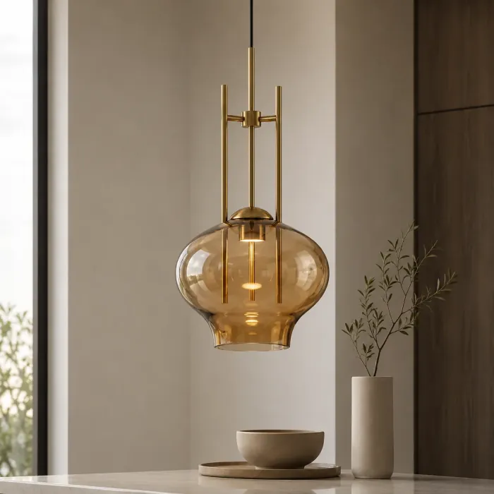 Amber glass pendant with brushed brass frame lit over a stone console by a window