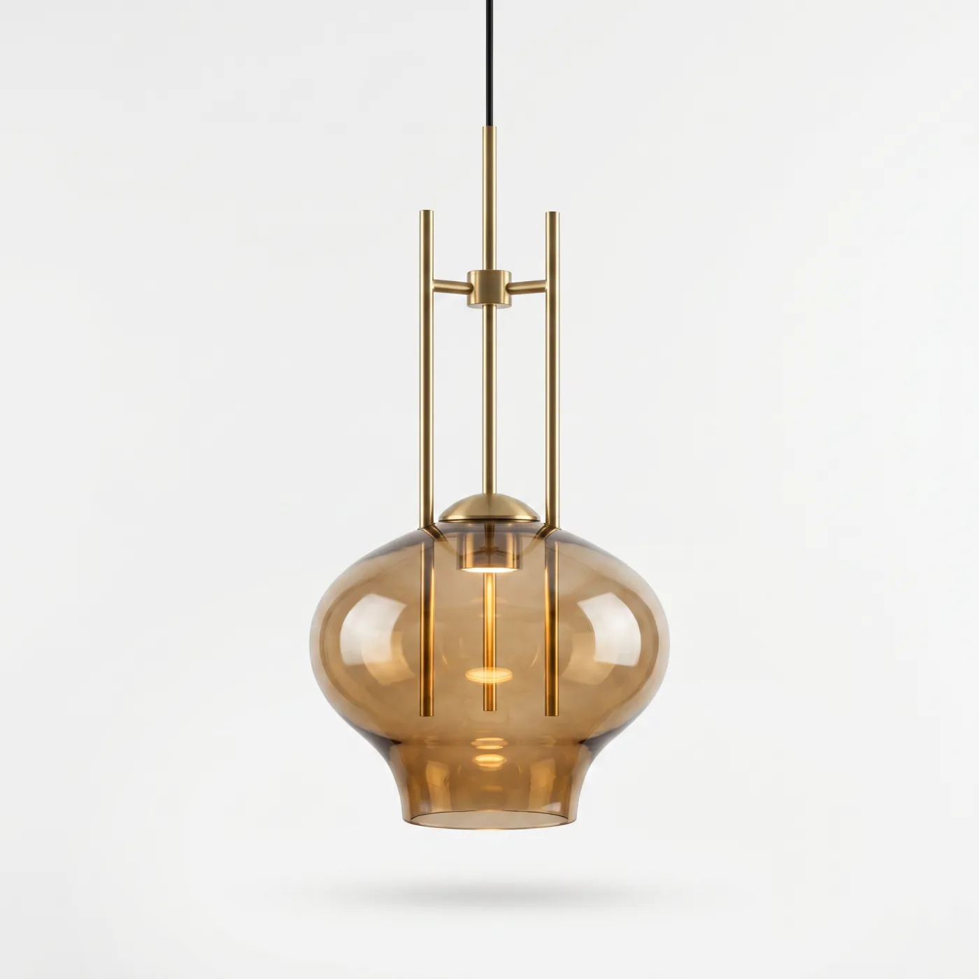 Amber glass pendant with brushed brass frame