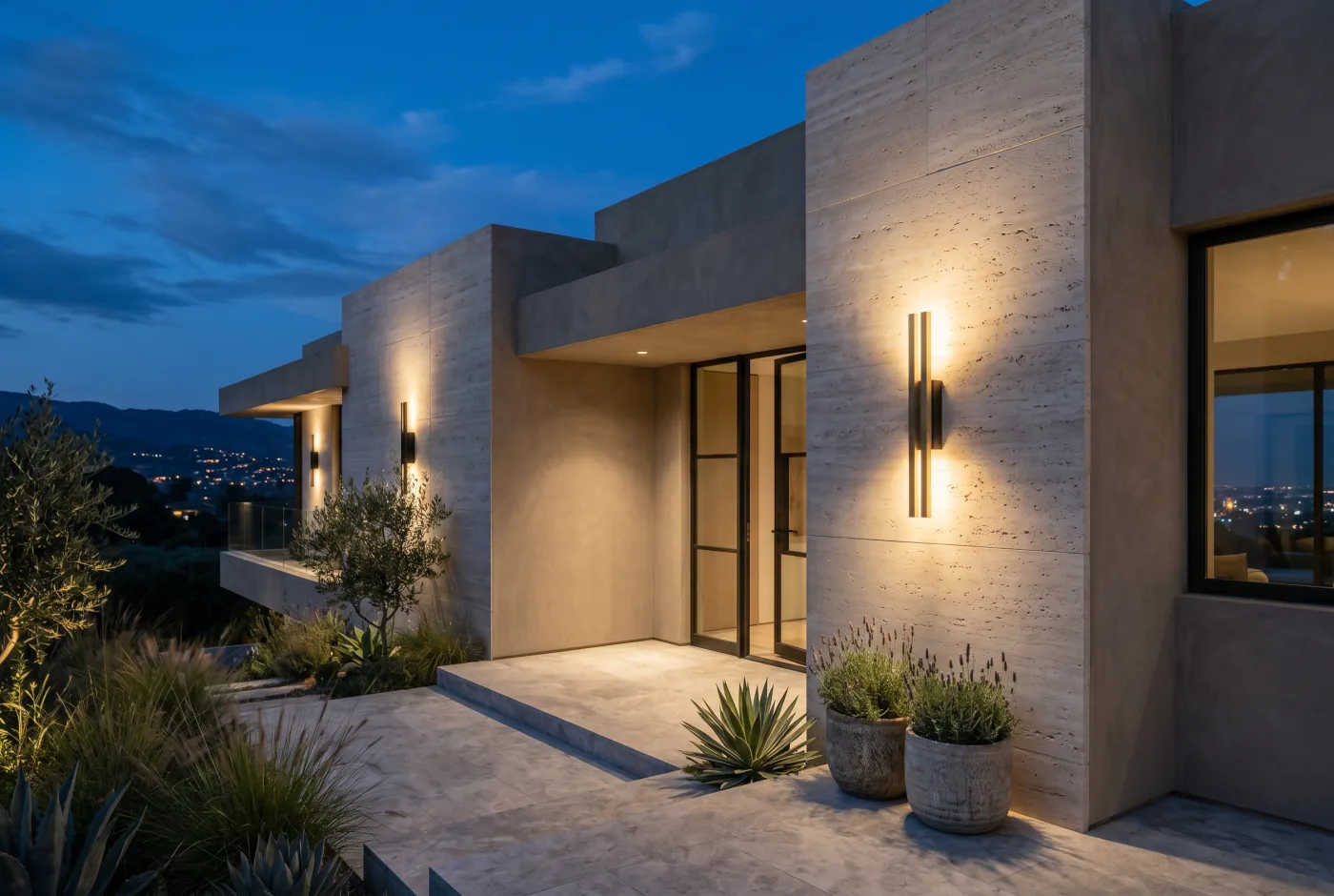 Slim vertical wall lights on a stone facade at dusk