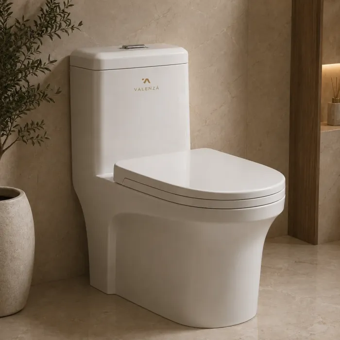 One-piece white ceramic toilet with soft curves and a chrome dual flush plate
