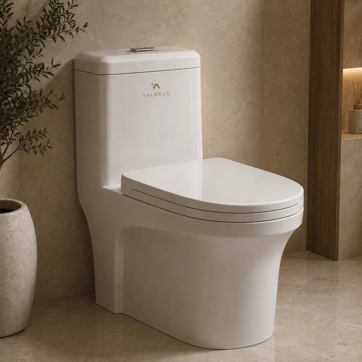 One-piece white ceramic toilet with soft curves and a chrome dual flush plate