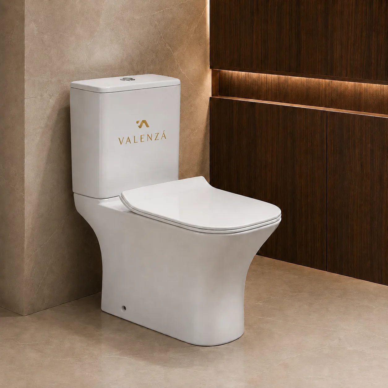 Two-piece squared toilet with a skirted base flush to the floor