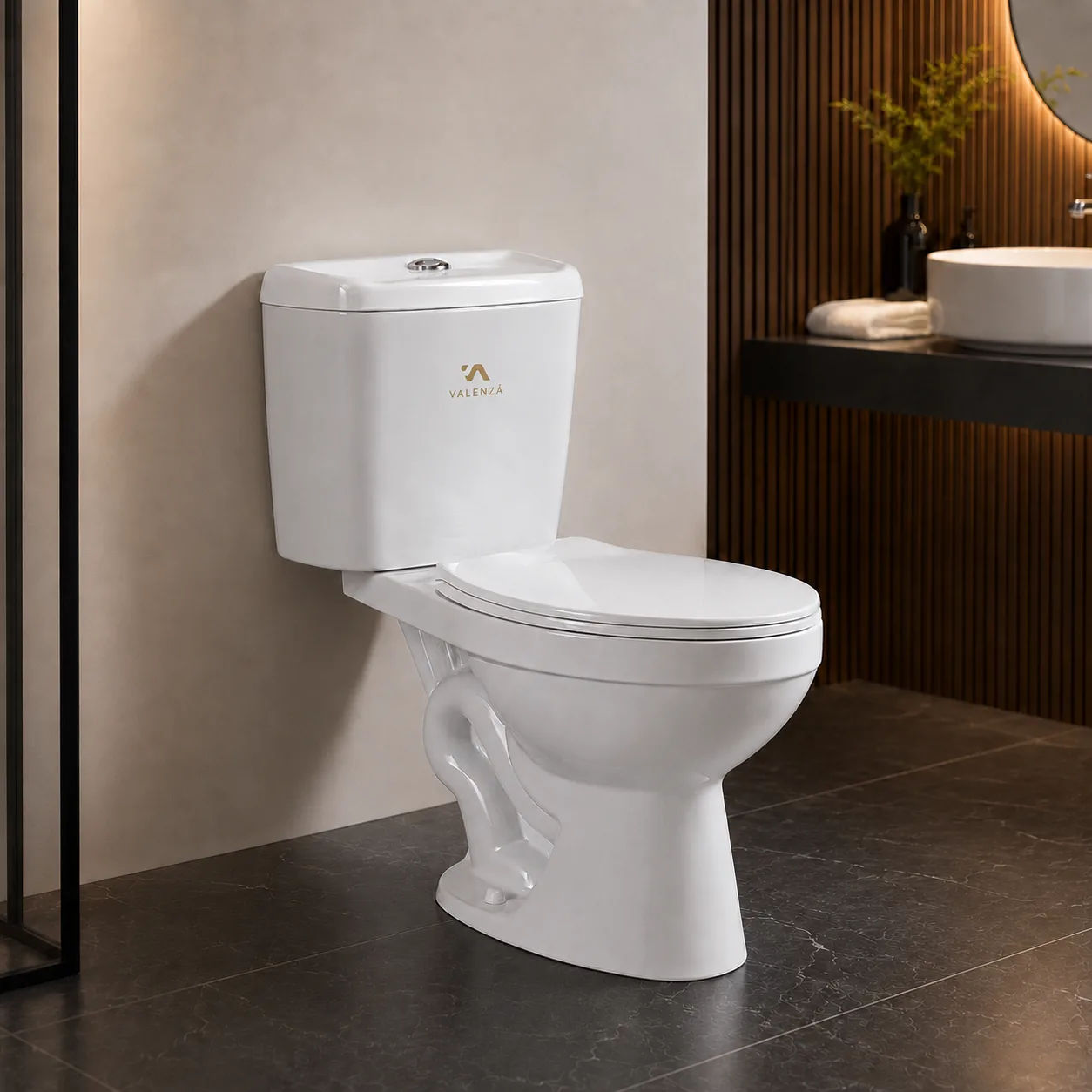 Traditional two-piece toilet with a rounded bowl and exposed trapway