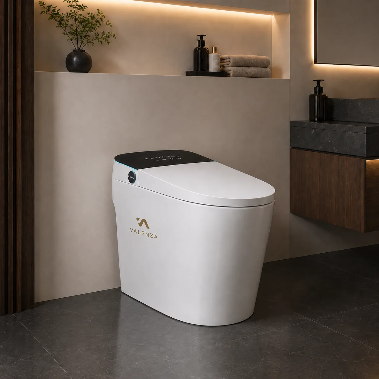 Smart toilet with a touch control panel and ambient lighting