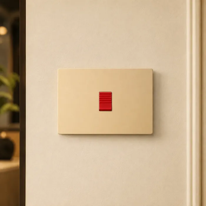 Matte champagne switch with a single red pilot rocker on a cream wall