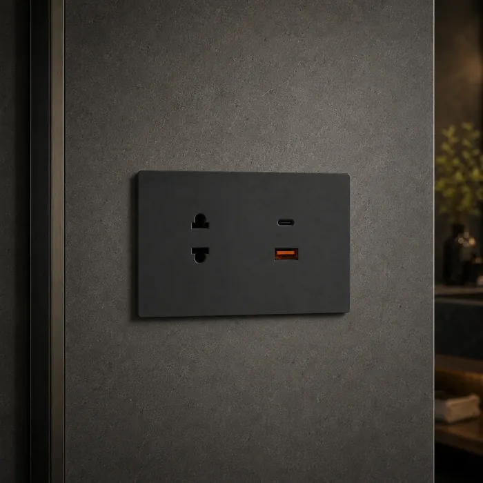 Matte grey double outlet with USB-C and USB-A ports on a concrete wall