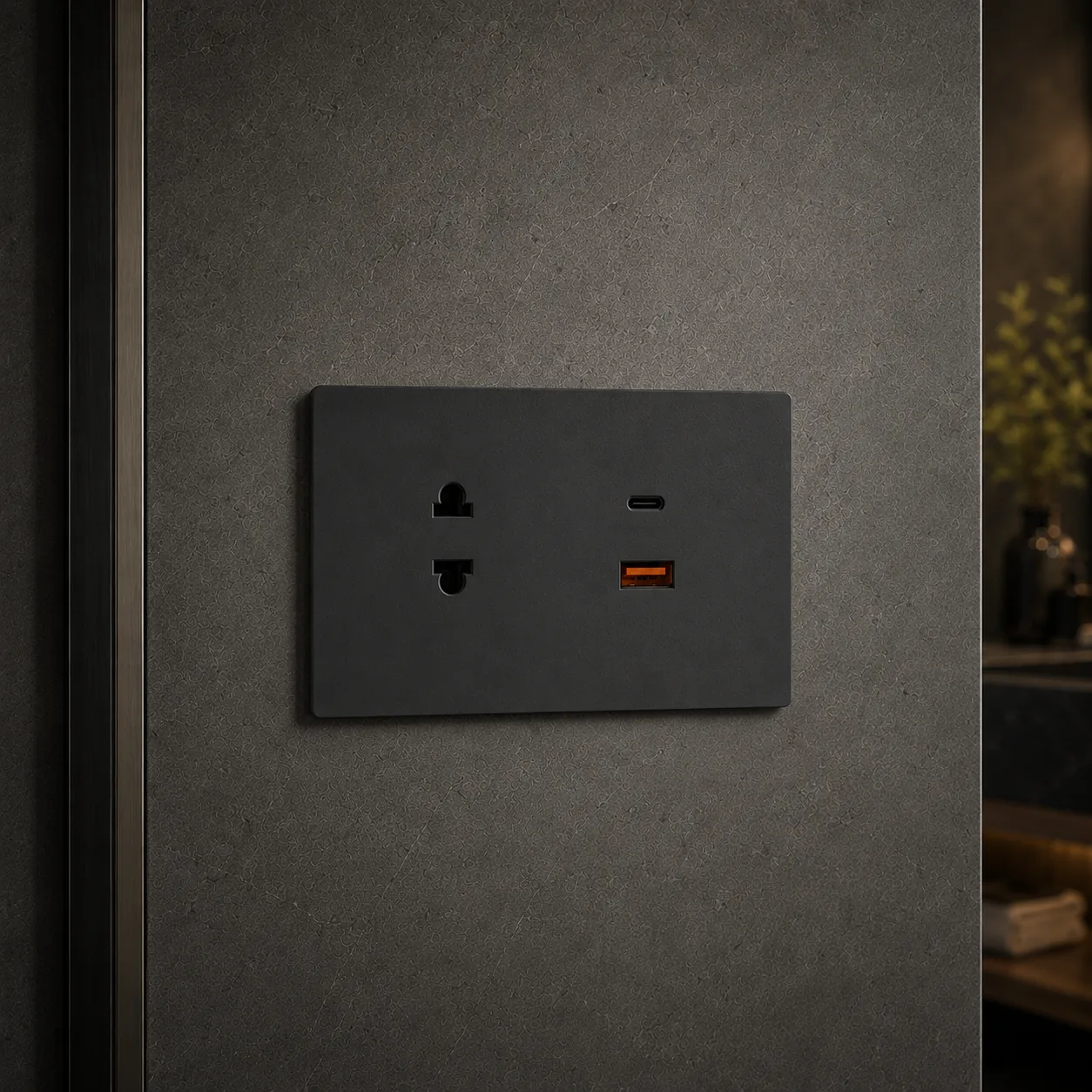 Matte grey double outlet with USB-C and USB-A ports on a concrete wall
