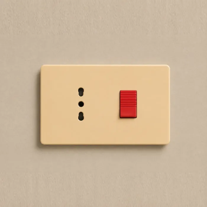 Matte champagne plate with an Italian three-pin outlet and a red rocker switch