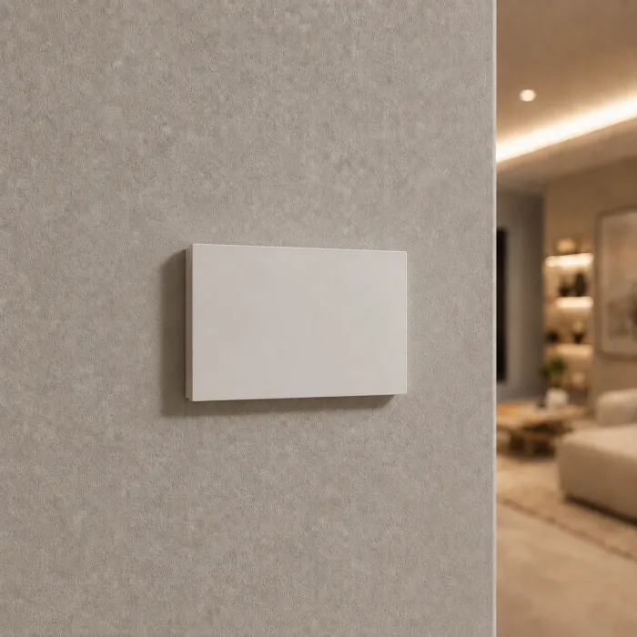 White smooth plate switch without visible controls on a textured wall