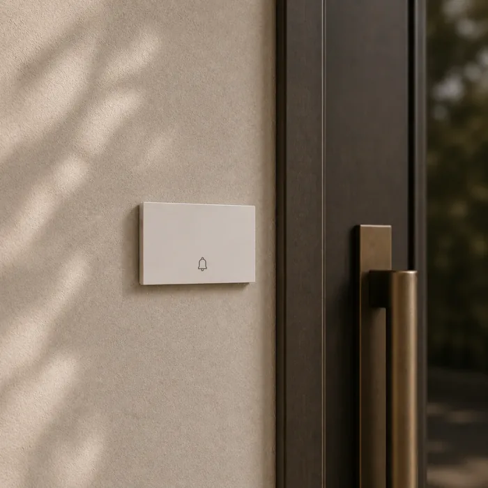 White doorbell push button with a bell symbol beside an entrance door