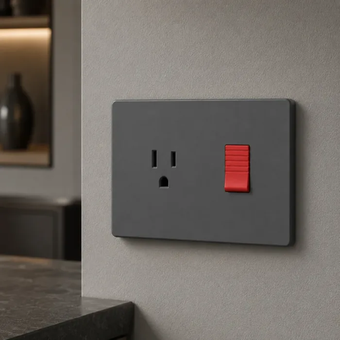 Graphite plate with an American three slot outlet and a red rocker switch on a grey wall