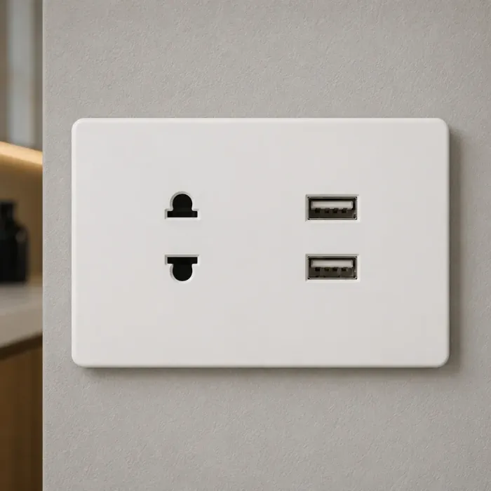 White outlet with a flat two-pin socket and two USB-A ports