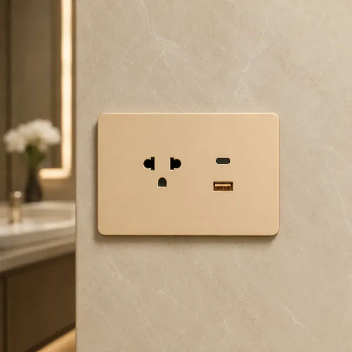 Matte champagne double outlet with USB-C and USB-A ports on a marble wall