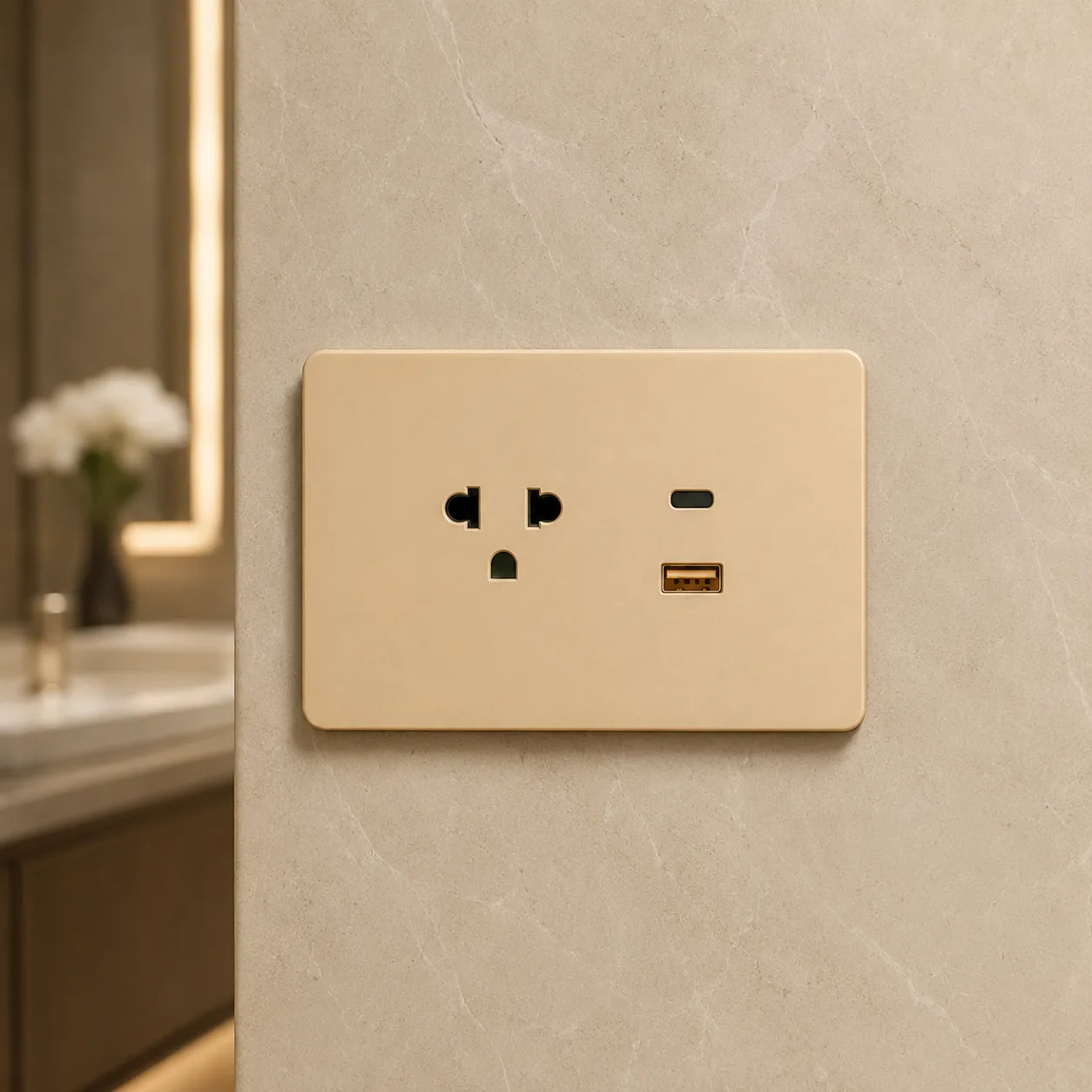 Matte champagne double outlet with USB-C and USB-A ports on a marble wall
