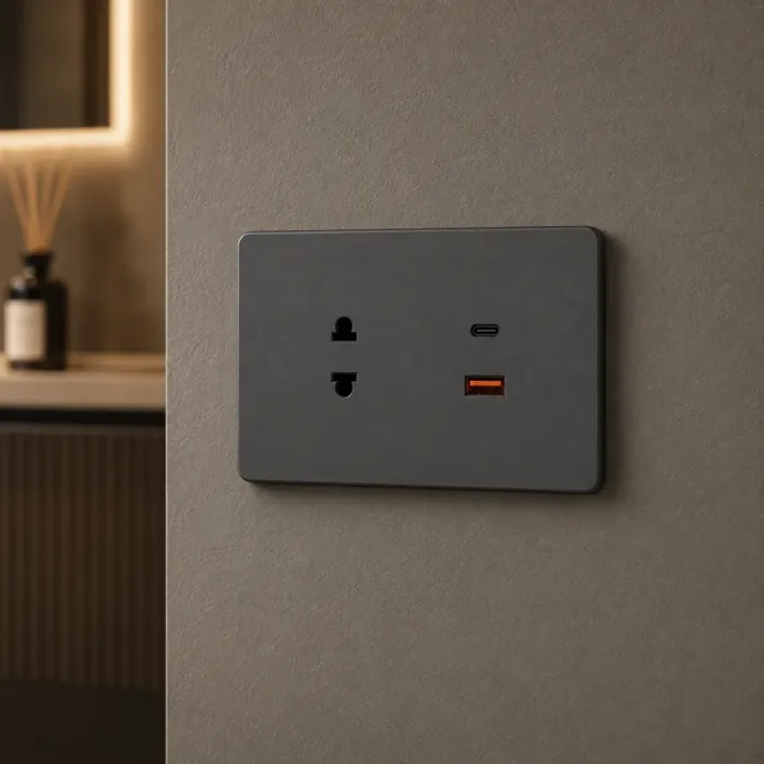 Matte graphite outlet with a flat two-pin socket, a USB-C and a USB-A port