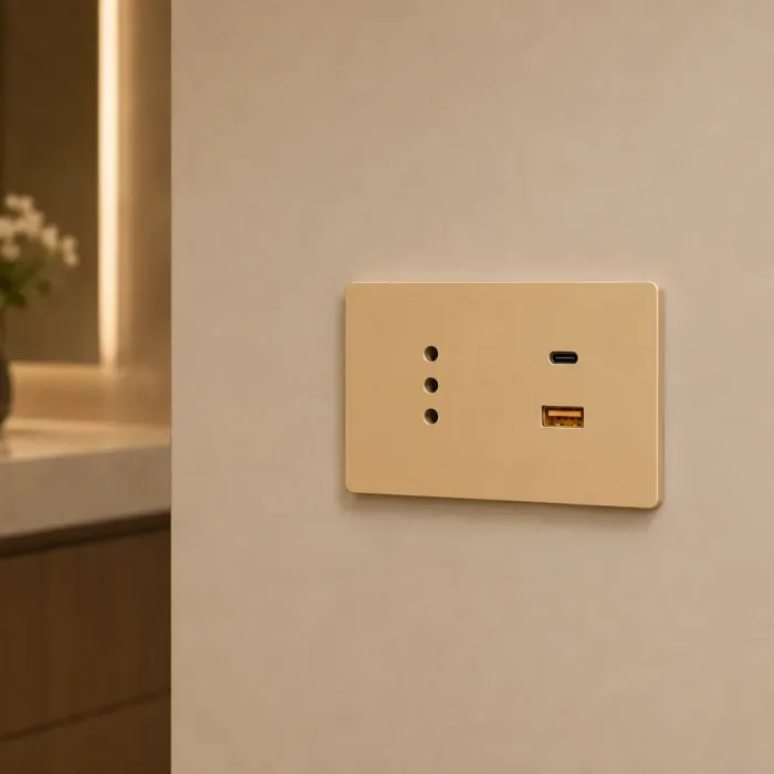 Matte champagne outlet with an Italian three-pin socket, a USB-C and a USB-A port