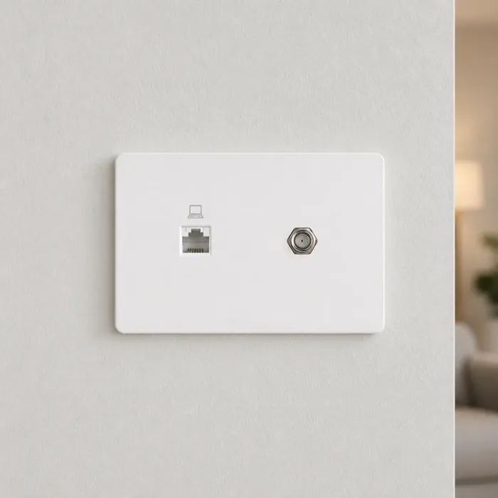 White data plate with an RJ45 network port and a satellite coaxial connector