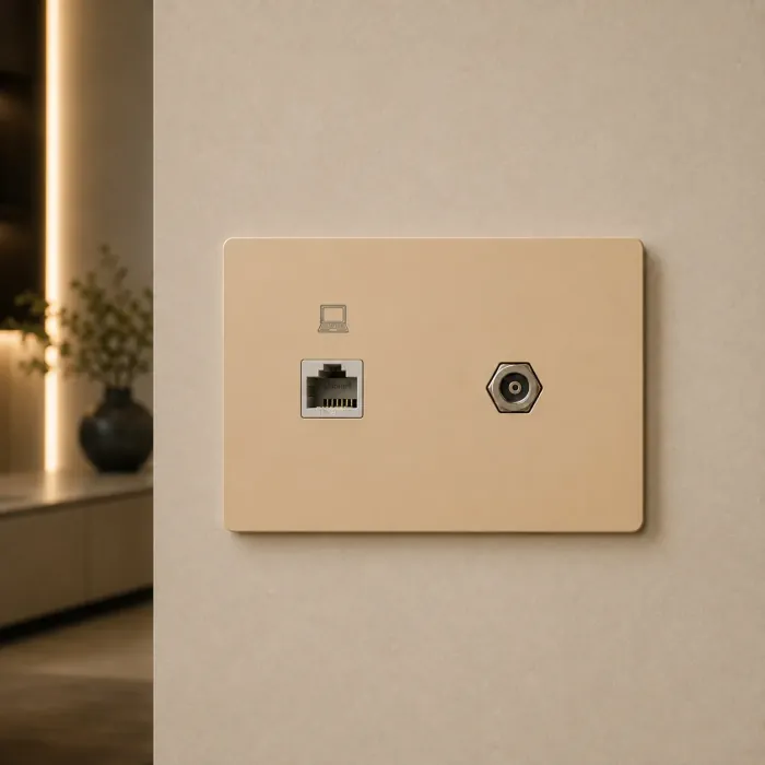 Matte champagne data plate with an RJ45 network port and a satellite coaxial connector