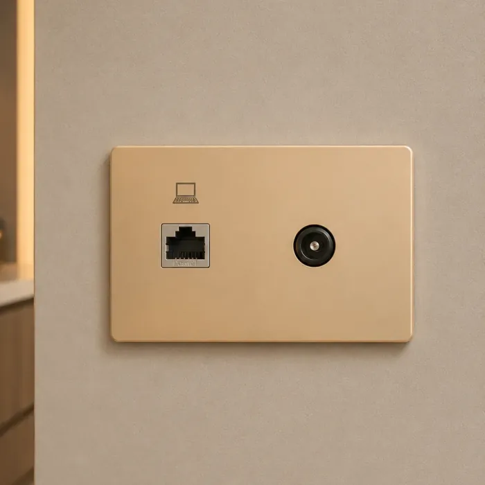 Matte champagne data plate with an RJ45 network port and a black aerial connector