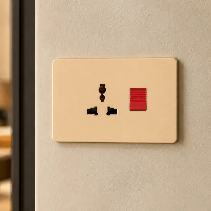 Matte champagne plate with a universal multi-standard outlet and a red rocker switch